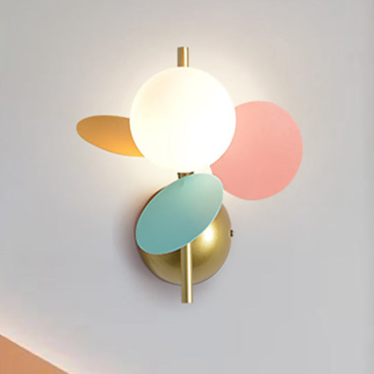 Macaron Style Iron Sconce - Leaf Bedside Wall Lighting in White with Multicolored Glass Shade