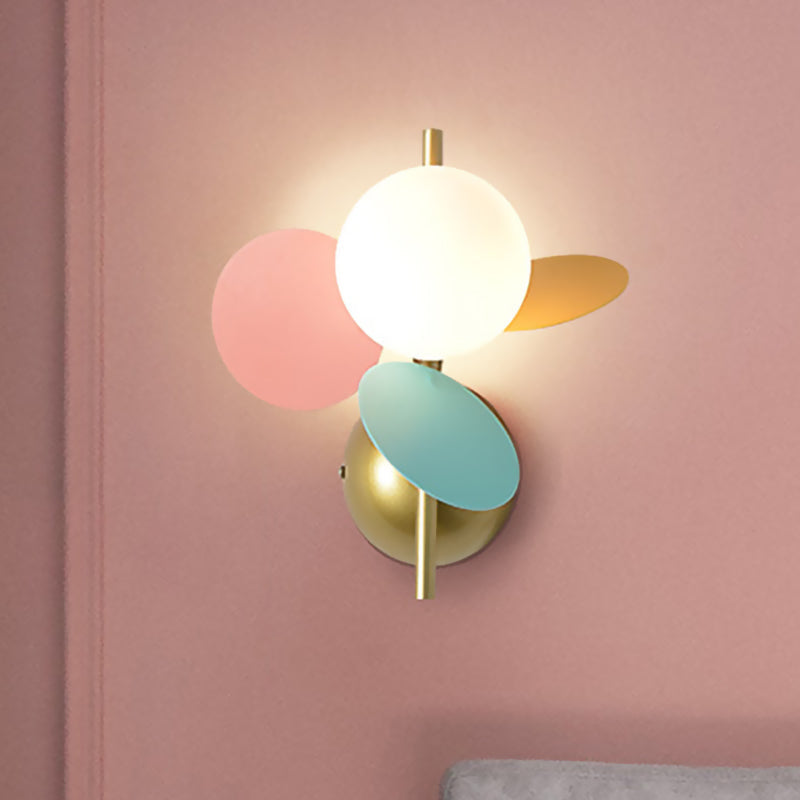 Macaron Style Iron Sconce - Leaf Bedside Wall Lighting in White with Multicolored Glass Shade
