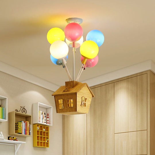 Wooden House Kids Ceiling Flush with Balloon Nursery Semi Flush Light Glass - 6 Lights, Blue-Pink-Yellow