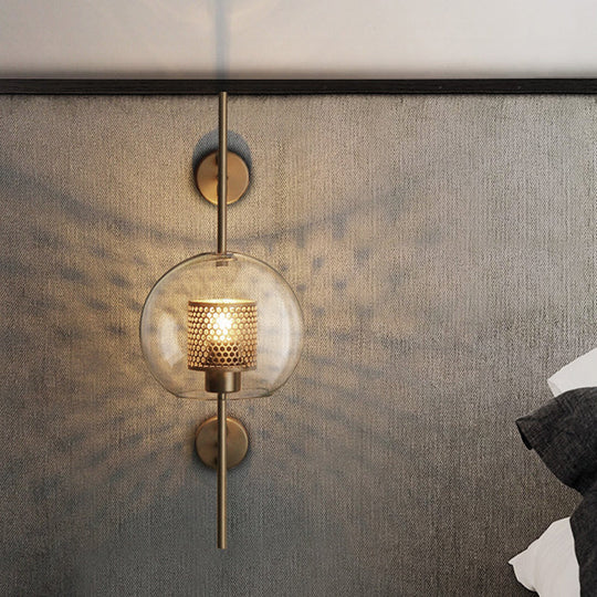 Colonial Clear Glass Bedroom Sconce Light with Wire Mesh and Cylinder, Bronze/Silver Gray Finish - 8"/9.5" W