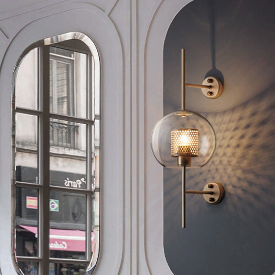 Colonial Clear Glass Bedroom Sconce Light with Wire Mesh and Cylinder, Bronze/Silver Gray Finish - 8"/9.5" W