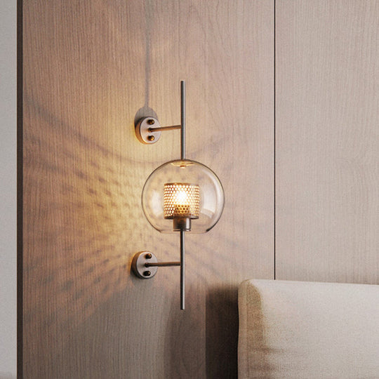 Colonial Clear Glass Bedroom Sconce Light with Wire Mesh and Cylinder, Bronze/Silver Gray Finish - 8"/9.5" W