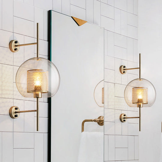 Colonial Clear Glass Bedroom Sconce Light with Wire Mesh and Cylinder, Bronze/Silver Gray Finish - 8"/9.5" W