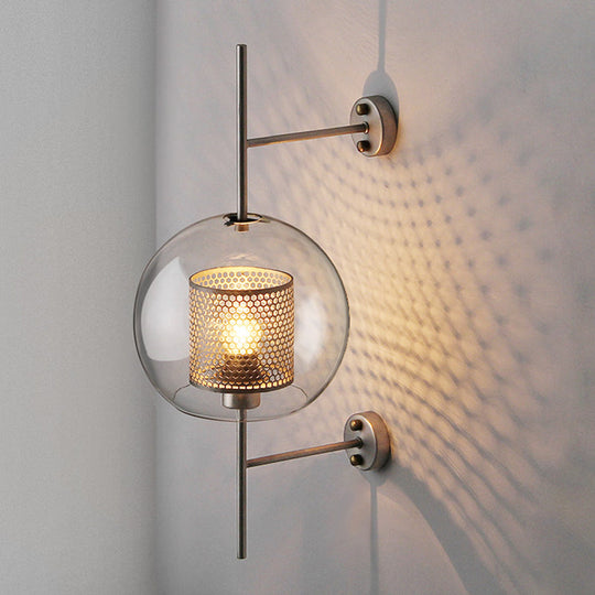 Colonial Clear Glass Bedroom Sconce Light with Wire Mesh and Cylinder, Bronze/Silver Gray Finish - 8"/9.5" W