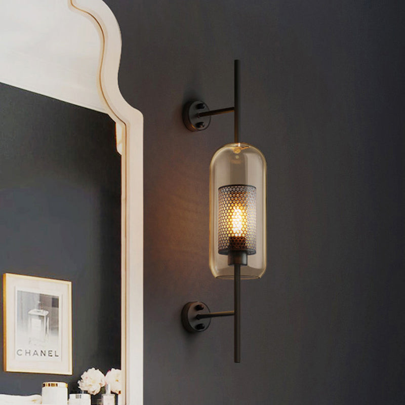 Colonial Oblong Cognac Glass Black Wall Lamp, Inner Column Mesh Screen, 1 Bulb, 5"/6" Width