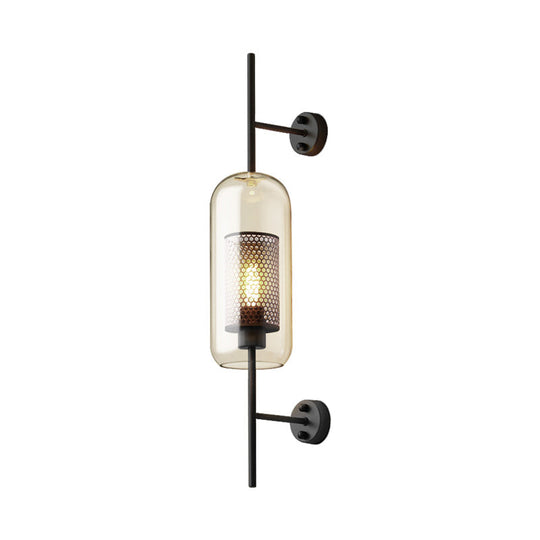 Colonial Oblong Cognac Glass Black Wall Lamp, Inner Column Mesh Screen, 1 Bulb, 5"/6" Width