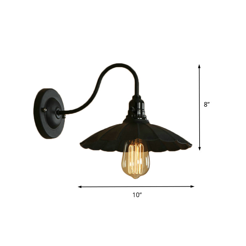 Industrial Metal Gooseneck Wall Sconce with Scalloped Shade and 1 Bulb in Black, 10" Diameter