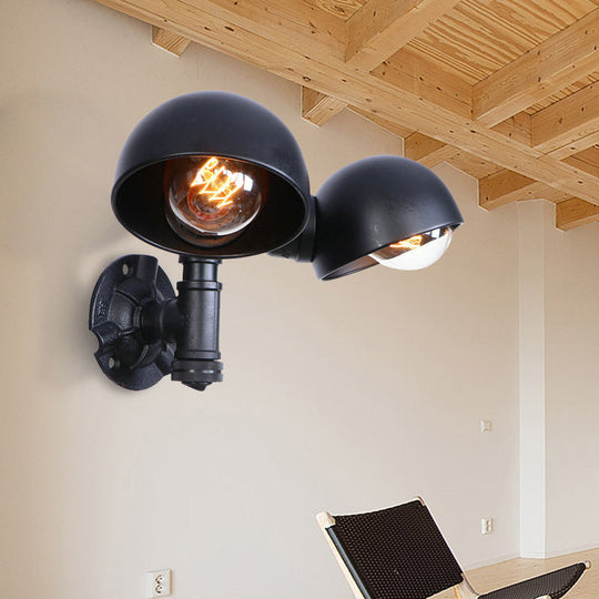 Industrial Style Black Wall Sconce Lamp with 2 Bulbs and Metallic Domed Design for Corridor