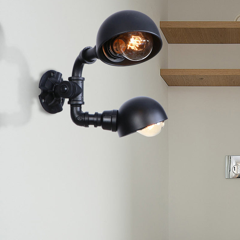 Industrial Style Black Wall Sconce Lamp with 2 Bulbs and Metallic Domed Design for Corridor