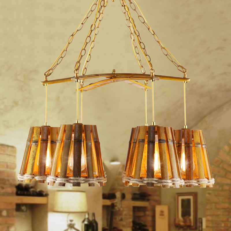 Yellow Bamboo Chandelier Lamp with Natural Rope - Retro Conical Suspension Lighting, 6 Lights