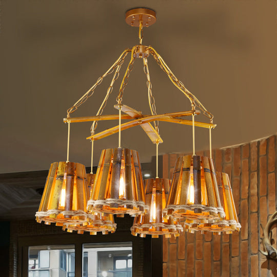 Yellow Bamboo Chandelier Lamp with Natural Rope - Retro Conical Suspension Lighting, 6 Lights