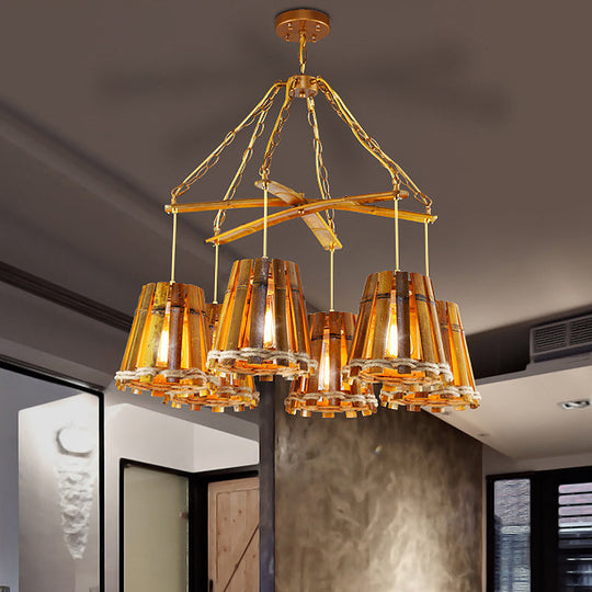 Yellow Bamboo Chandelier Lamp with Natural Rope - Retro Conical Suspension Lighting, 6 Lights