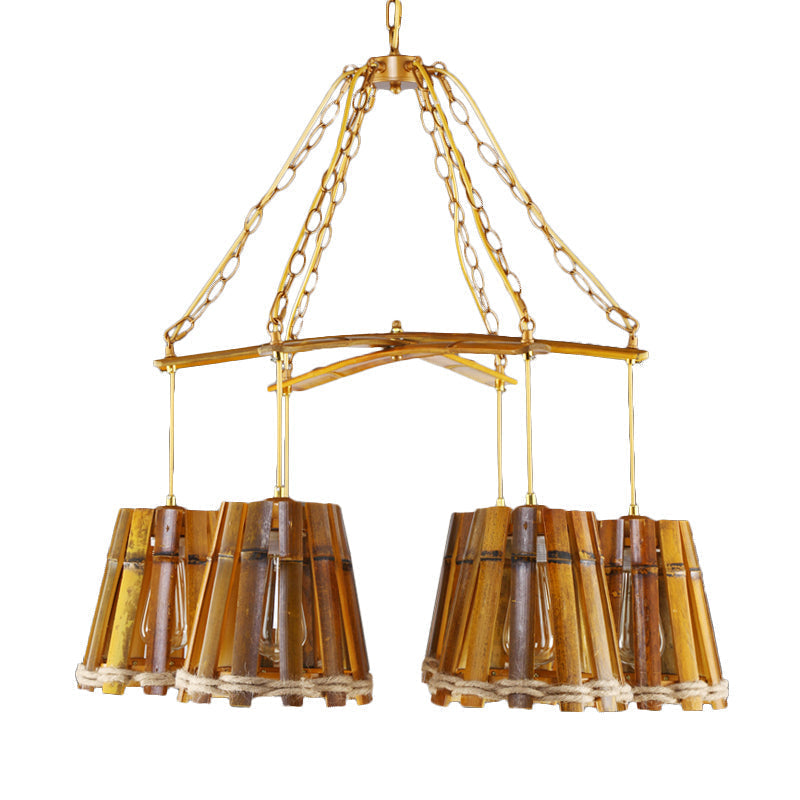 Yellow Bamboo Chandelier Lamp with Natural Rope - Retro Conical Suspension Lighting, 6 Lights