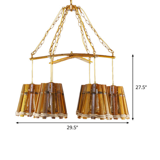 Yellow Bamboo Chandelier Lamp with Natural Rope - Retro Conical Suspension Lighting, 6 Lights