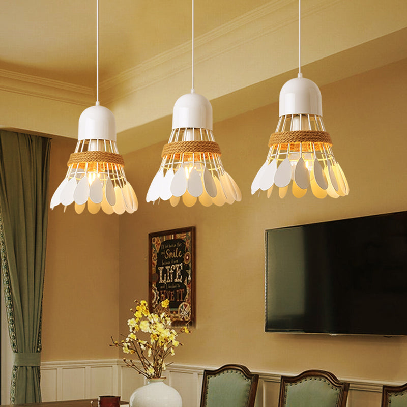 Modern Black/White Iron Dining Room Pendant Light with Rope and Round/Linear Canopy - Badminton Décor, 3 Heads