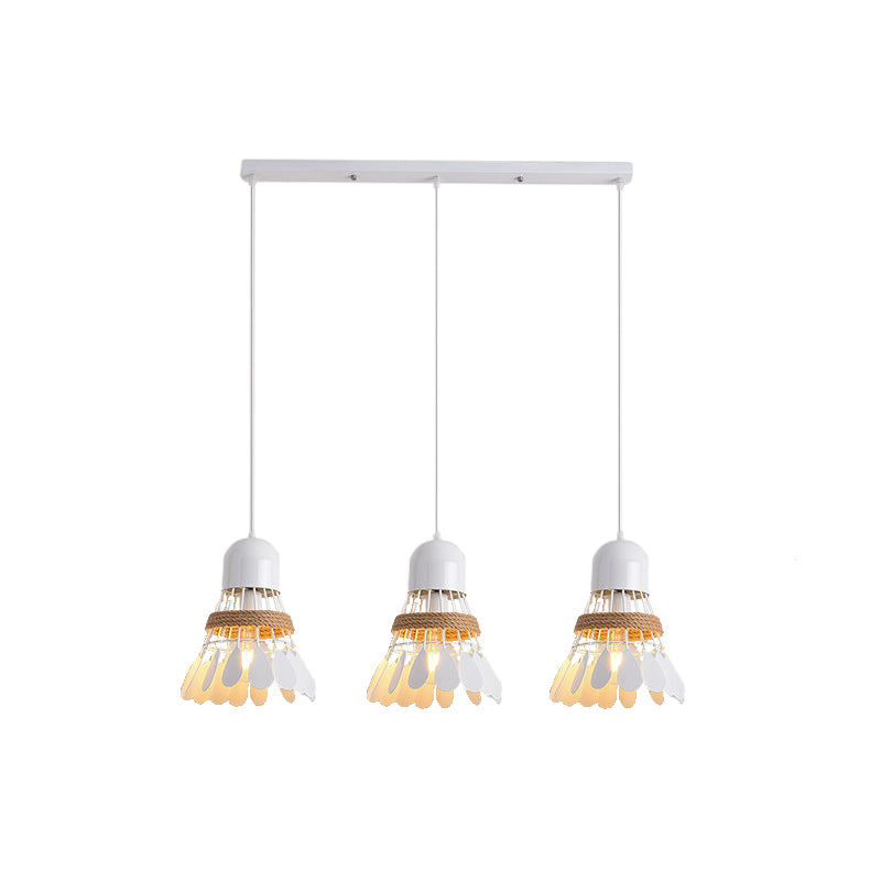 Modern Black/White Iron Dining Room Pendant Light with Rope and Round/Linear Canopy - Badminton Décor, 3 Heads