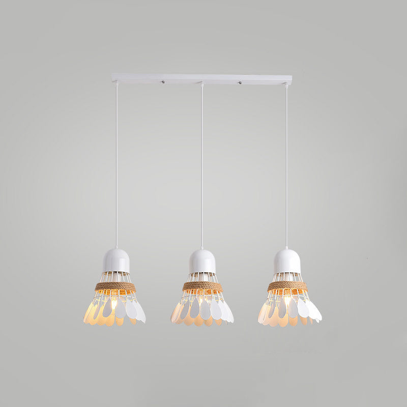 Modern Black/White Iron Dining Room Pendant Light with Rope and Round/Linear Canopy - Badminton Décor, 3 Heads