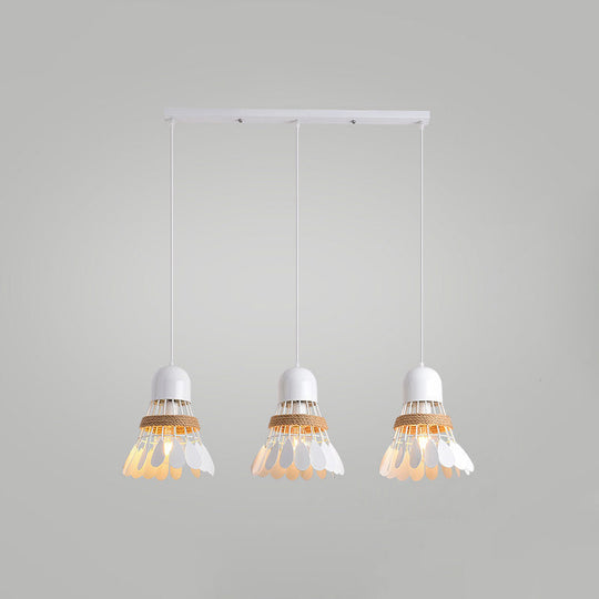 Modern Black/White Iron Dining Room Pendant Light with Rope and Round/Linear Canopy - Badminton Décor, 3 Heads