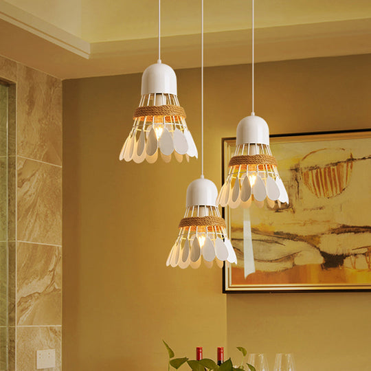 Modern Black/White Iron Dining Room Pendant Light with Rope and Round/Linear Canopy - Badminton Décor, 3 Heads