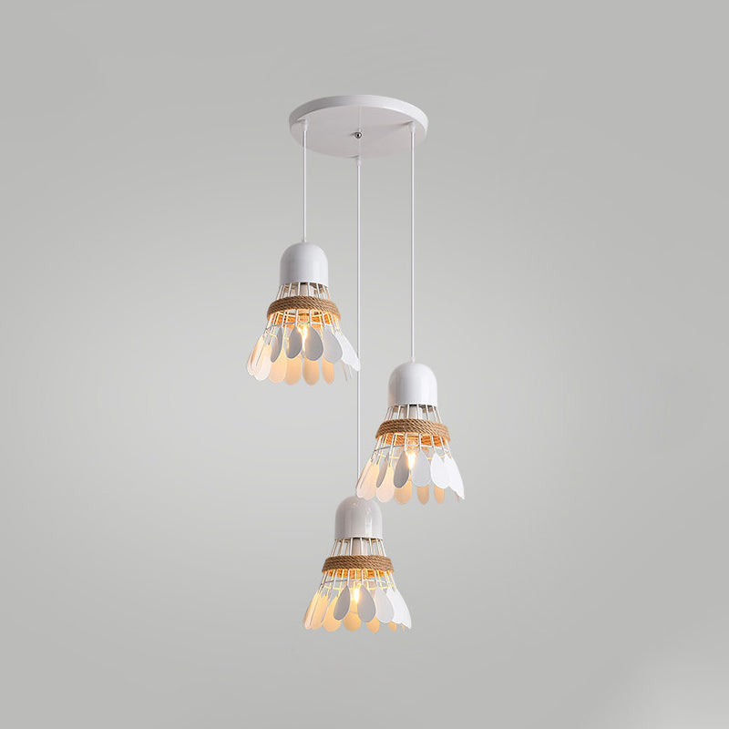 Modern Black/White Iron Dining Room Pendant Light with Rope and Round/Linear Canopy - Badminton Décor, 3 Heads