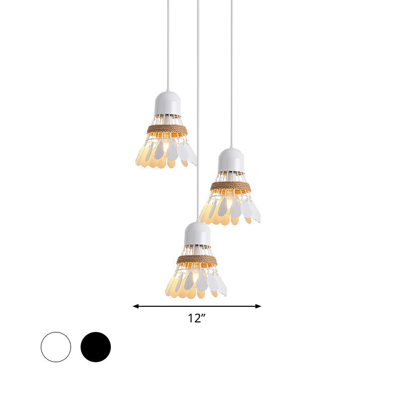 Modern Black/White Iron Dining Room Pendant Light with Rope and Round/Linear Canopy - Badminton Décor, 3 Heads