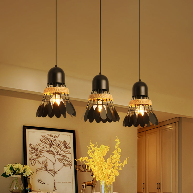Modern Black/White Iron Dining Room Pendant Light with Rope and Round/Linear Canopy - Badminton Décor, 3 Heads