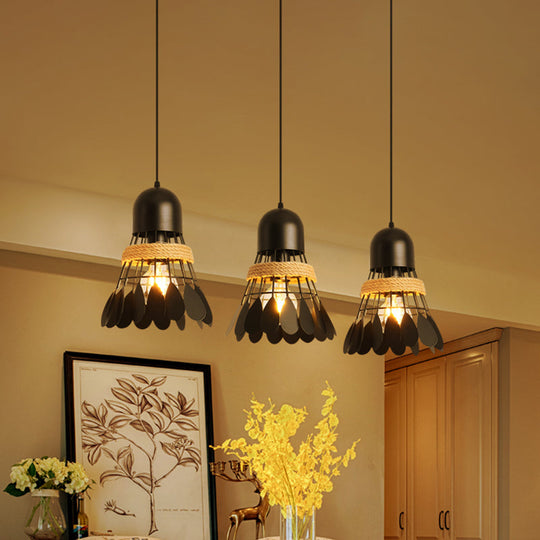 Modern Black/White Iron Dining Room Pendant Light with Rope and Round/Linear Canopy - Badminton Décor, 3 Heads