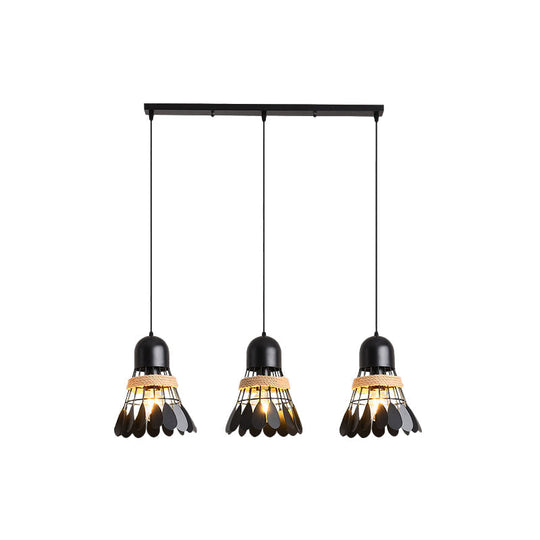 Modern Black/White Iron Dining Room Pendant Light with Rope and Round/Linear Canopy - Badminton Décor, 3 Heads