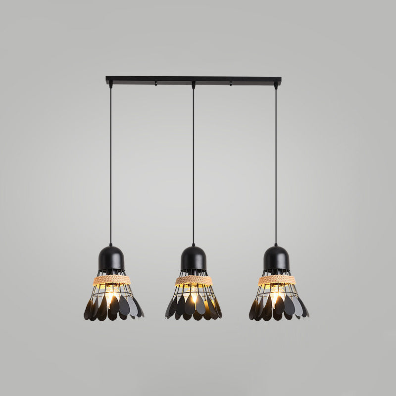 Modern Black/White Iron Dining Room Pendant Light with Rope and Round/Linear Canopy - Badminton Décor, 3 Heads