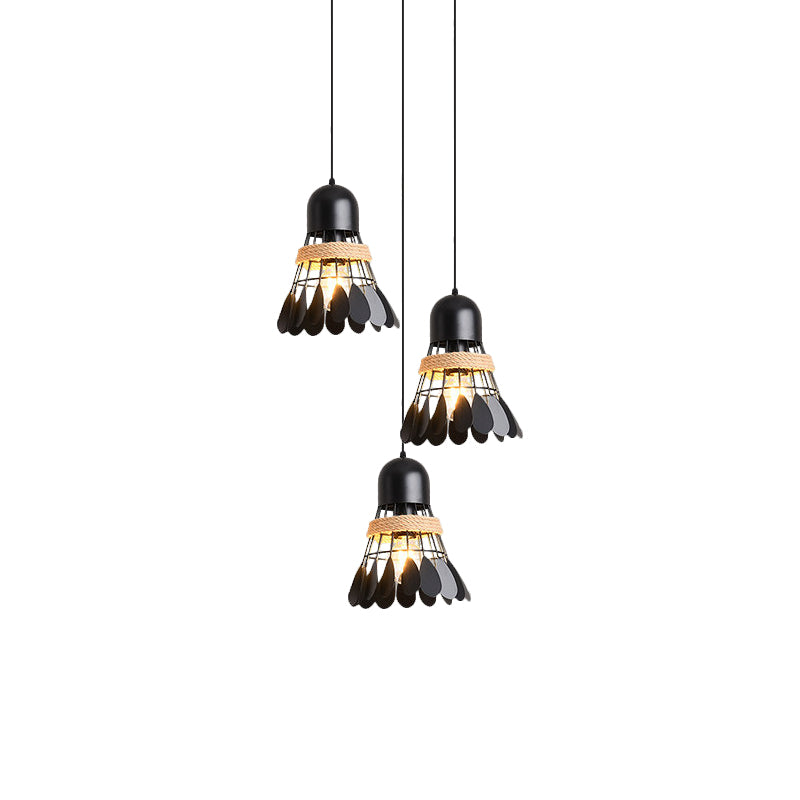 Modern Black/White Iron Dining Room Pendant Light with Rope and Round/Linear Canopy - Badminton Décor, 3 Heads