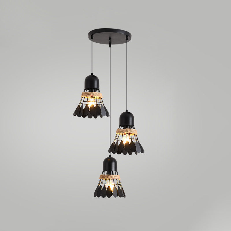 Modern Black/White Iron Dining Room Pendant Light with Rope and Round/Linear Canopy - Badminton Décor, 3 Heads
