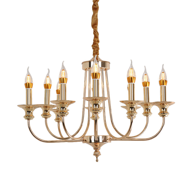 Colonial Metal Candelabra Chandelier: 10-Light Gold Pendant with Curvy Arm for Living Room