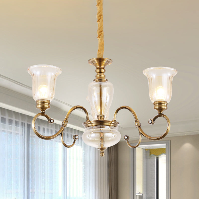 Farmhouse Chandelier Lamp: Bell Clear Glass, Brass Suspension Lighting with Metal Arm - 3/6/8 Lights