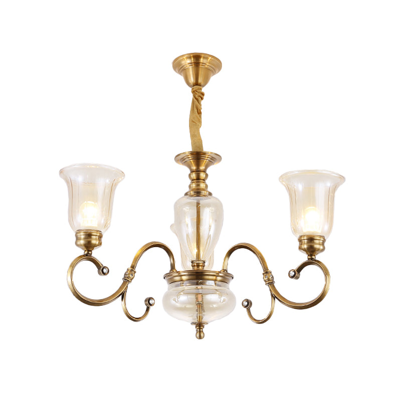 Farmhouse Chandelier Lamp: Bell Clear Glass, Brass Suspension Lighting with Metal Arm - 3/6/8 Lights