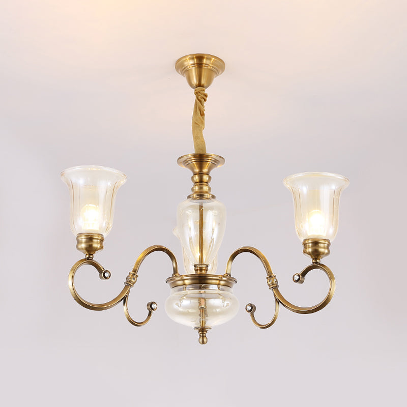 Farmhouse Chandelier Lamp: Bell Clear Glass, Brass Suspension Lighting with Metal Arm - 3/6/8 Lights