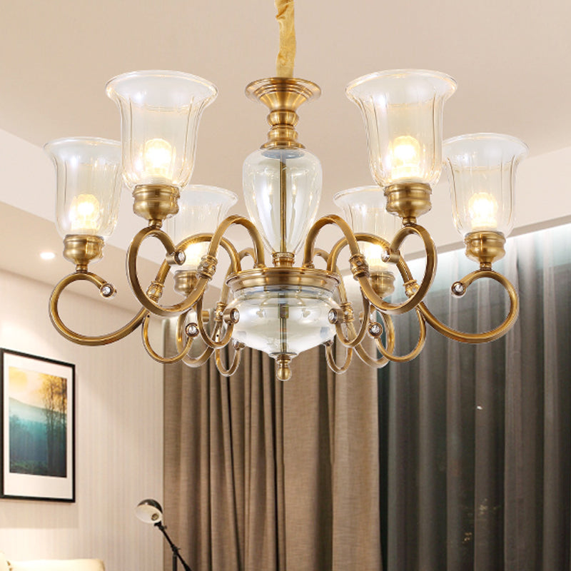 Farmhouse Chandelier Lamp: Bell Clear Glass, Brass Suspension Lighting with Metal Arm - 3/6/8 Lights