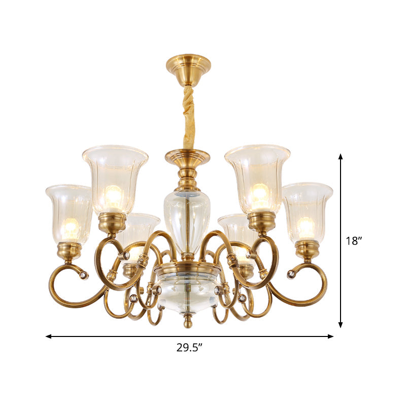 Farmhouse Chandelier Lamp: Bell Clear Glass, Brass Suspension Lighting with Metal Arm - 3/6/8 Lights