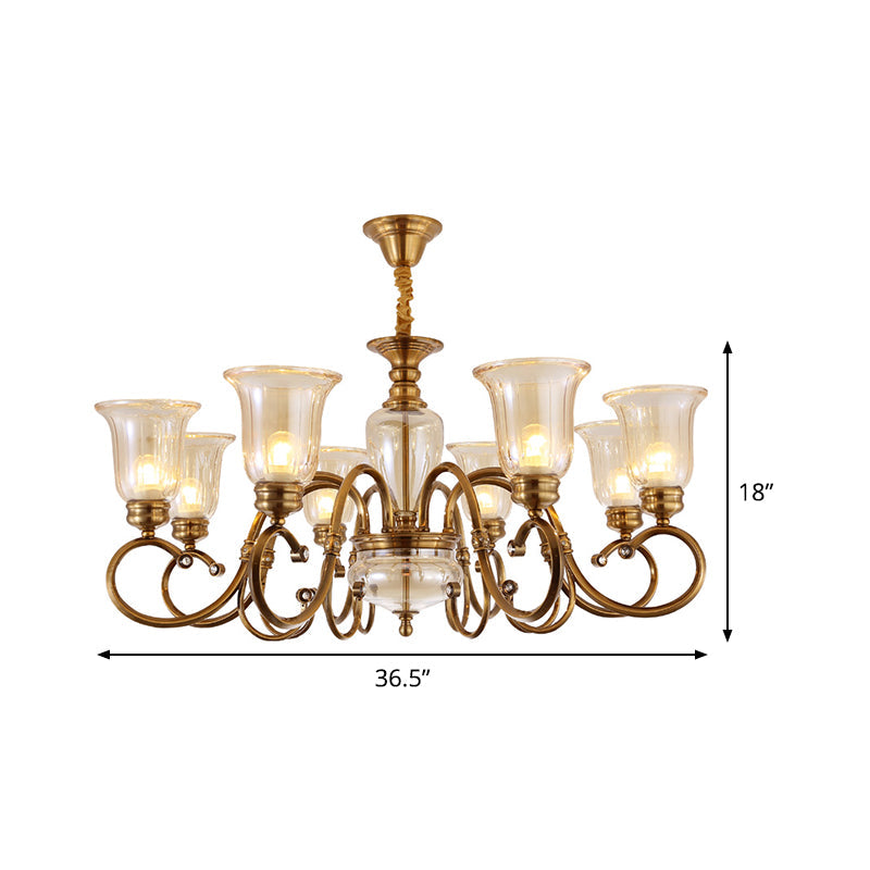 Farmhouse Chandelier Lamp: Bell Clear Glass, Brass Suspension Lighting with Metal Arm - 3/6/8 Lights