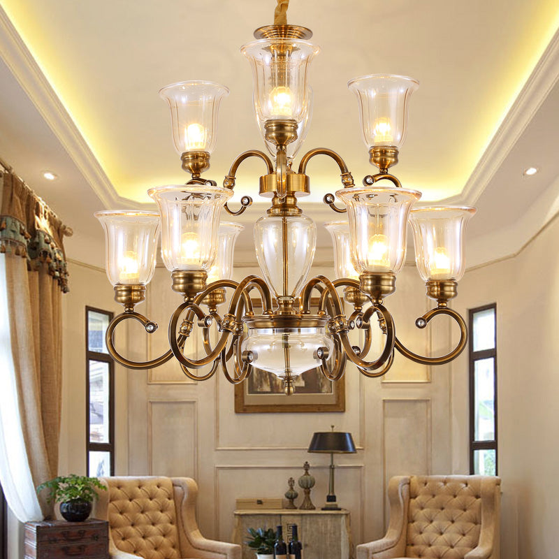 Farmhouse Chandelier Lamp: Bell Clear Glass, Brass Suspension Lighting with Metal Arm - 3/6/8 Lights