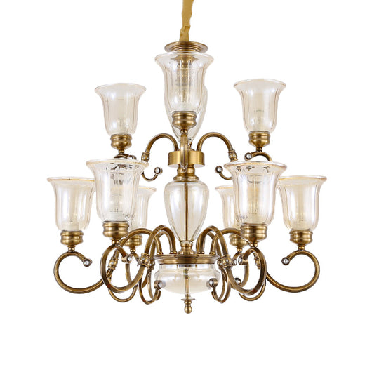 Farmhouse Chandelier Lamp: Bell Clear Glass, Brass Suspension Lighting with Metal Arm - 3/6/8 Lights