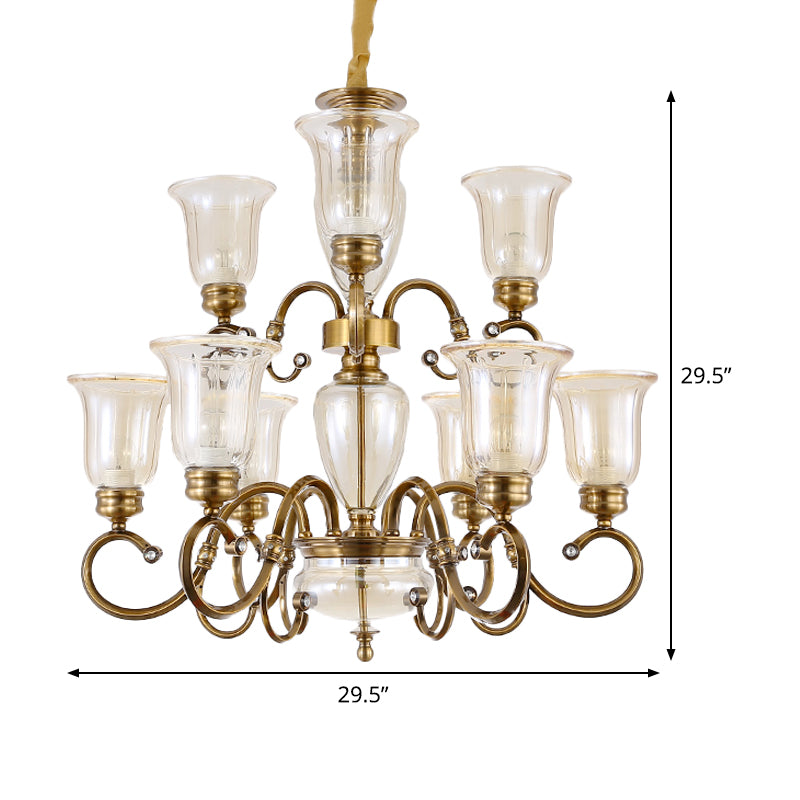 Farmhouse Chandelier Lamp: Bell Clear Glass, Brass Suspension Lighting with Metal Arm - 3/6/8 Lights