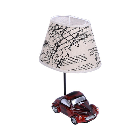 Kids Beige Barrel Night Table Lamp with Car Base - 1-Light Fabric Bedroom Nightstand Light