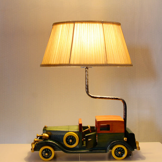 Blue Fabric Drum Nightstand Lamp with Car Pedestal for Boys Bedroom - Kids Table Light, 1-Bulb Design