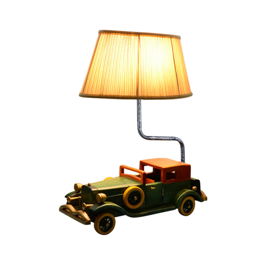 Blue Fabric Drum Nightstand Lamp with Car Pedestal for Boys Bedroom - Kids Table Light, 1-Bulb Design