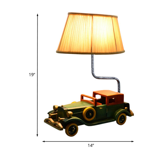 Blue Fabric Drum Nightstand Lamp with Car Pedestal for Boys Bedroom - Kids Table Light, 1-Bulb Design