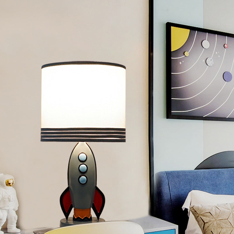 Blue Rocket Nightstand Light with Drum Shade for Nursery - Kids Resin Table Lamp