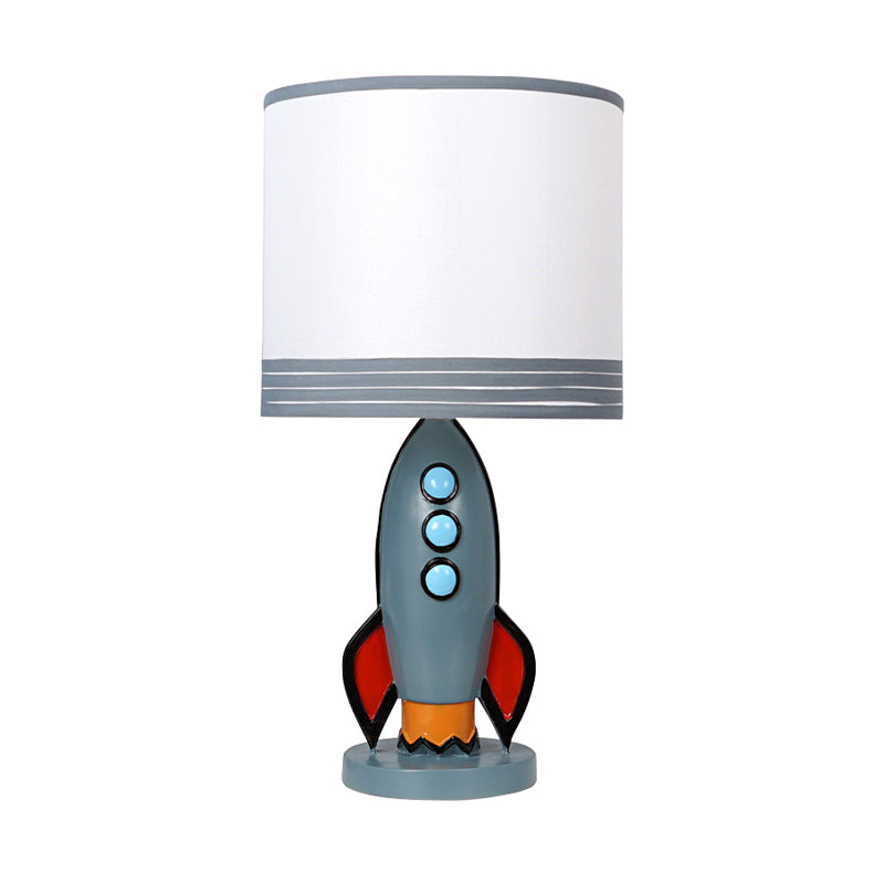 Blue Rocket Nightstand Light with Drum Shade for Nursery - Kids Resin Table Lamp