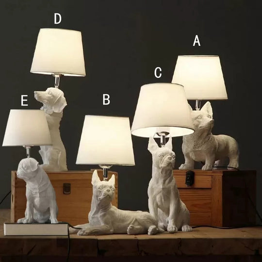 Modern White Dog Study Table Lamp with Fabric Shade