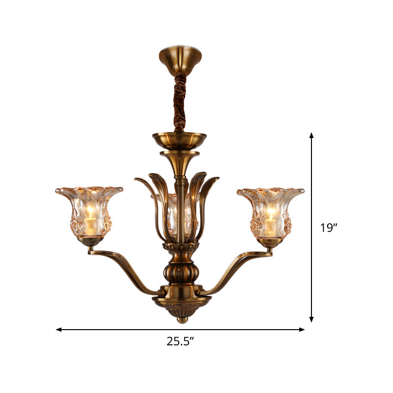 Clear Glass Pendant Chandelier with Branching Design - Rustic Living Room Ceiling Light in Brass - 3/6/8 Heads