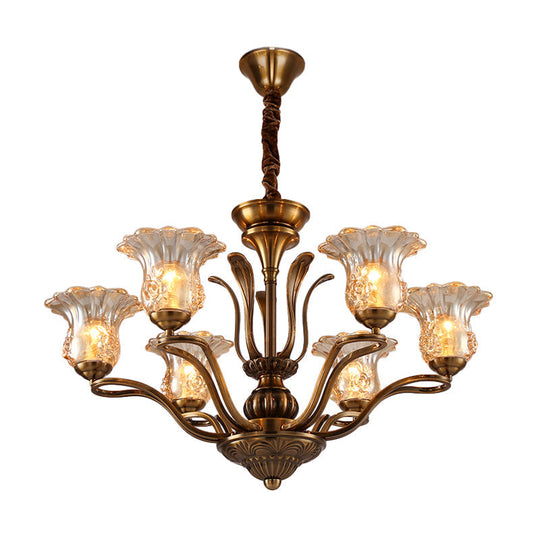 Clear Glass Pendant Chandelier with Branching Design - Rustic Living Room Ceiling Light in Brass - 3/6/8 Heads